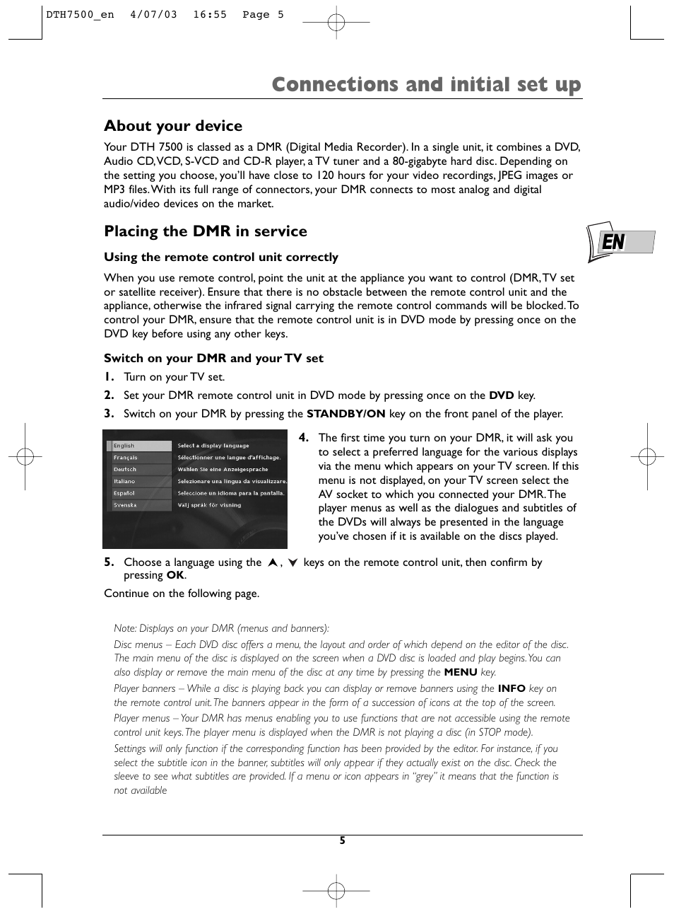 Connections and initial set up, About your device, Placing the dmr in service | Technicolor - Thomson DTH7500 User Manual | Page 5 / 57