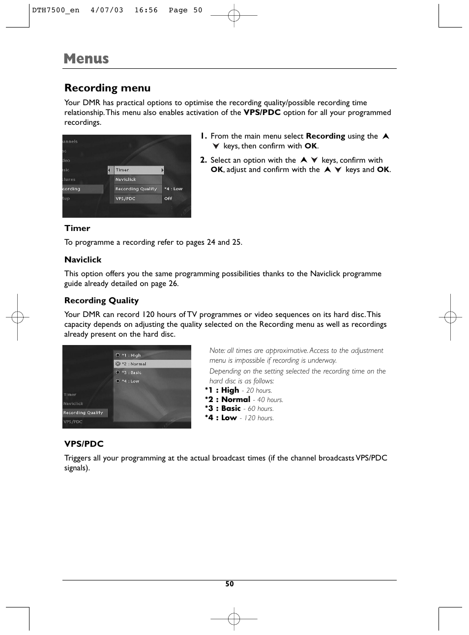 Menus, Recording menu | Technicolor - Thomson DTH7500 User Manual | Page 50 / 57