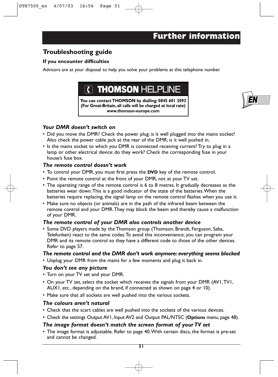 Further information, Troubleshooting guide | Technicolor - Thomson DTH7500 User Manual | Page 51 / 57