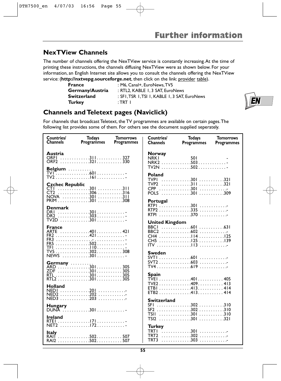 Further information, Nextview channels, Channels and teletext pages (naviclick) | Technicolor - Thomson DTH7500 User Manual | Page 55 / 57