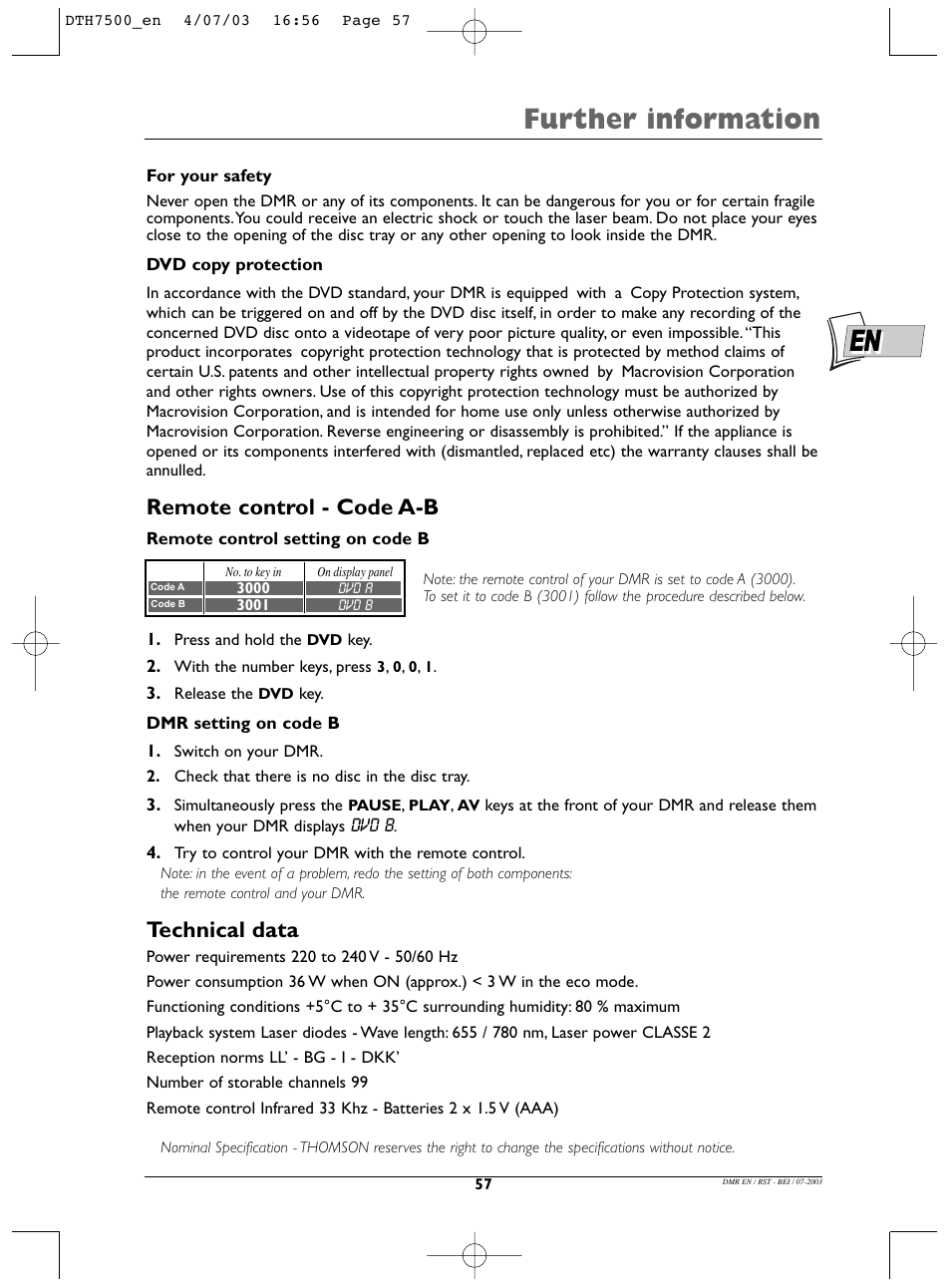 Further information, Remote control - code a-b, Technical data | Technicolor - Thomson DTH7500 User Manual | Page 57 / 57