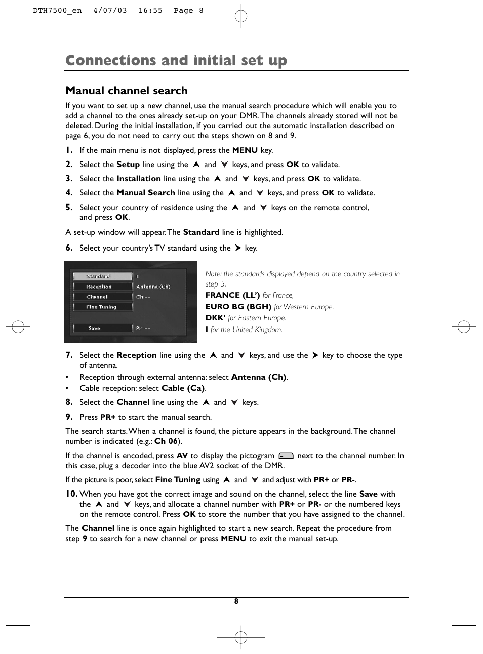 Connections and initial set up, Manual channel search | Technicolor - Thomson DTH7500 User Manual | Page 8 / 57