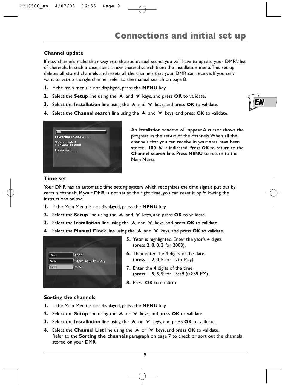 Connections and initial set up | Technicolor - Thomson DTH7500 User Manual | Page 9 / 57