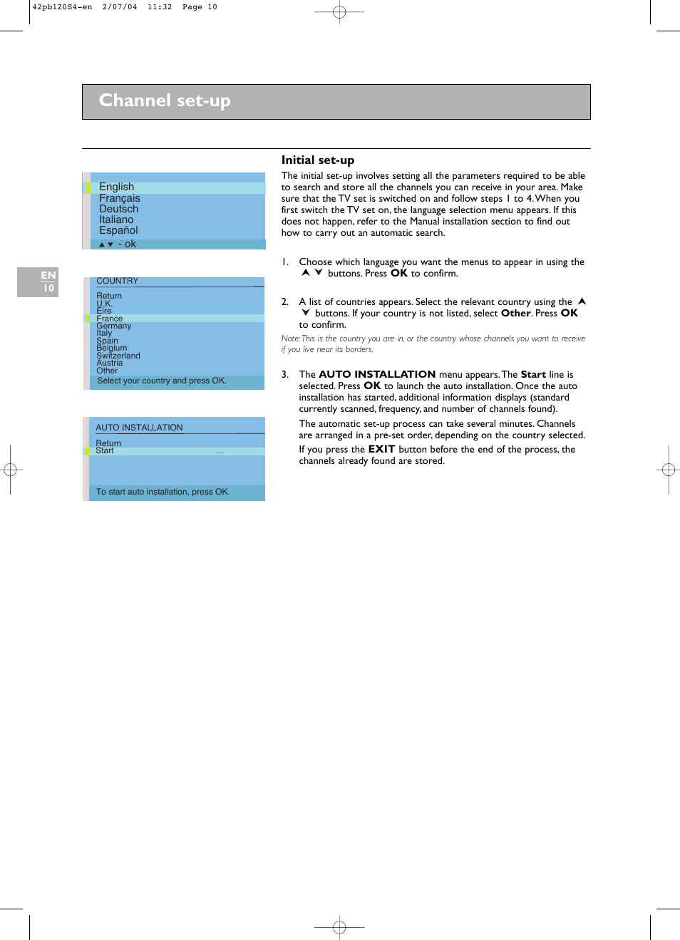 Channel set-up, Initial set-up | Technicolor - Thomson 42PB120S4 User Manual | Page 10 / 27