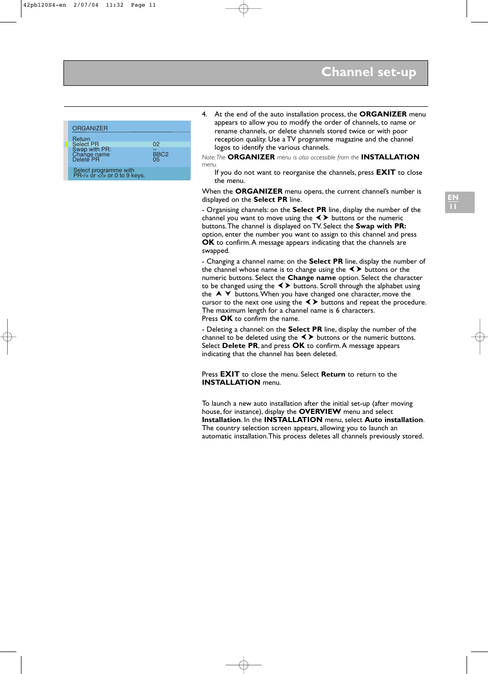 Channel set-up | Technicolor - Thomson 42PB120S4 User Manual | Page 11 / 27