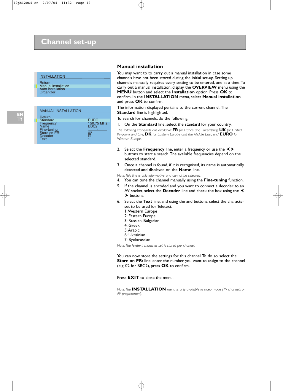 Channel set-up, Manual installation | Technicolor - Thomson 42PB120S4 User Manual | Page 12 / 27
