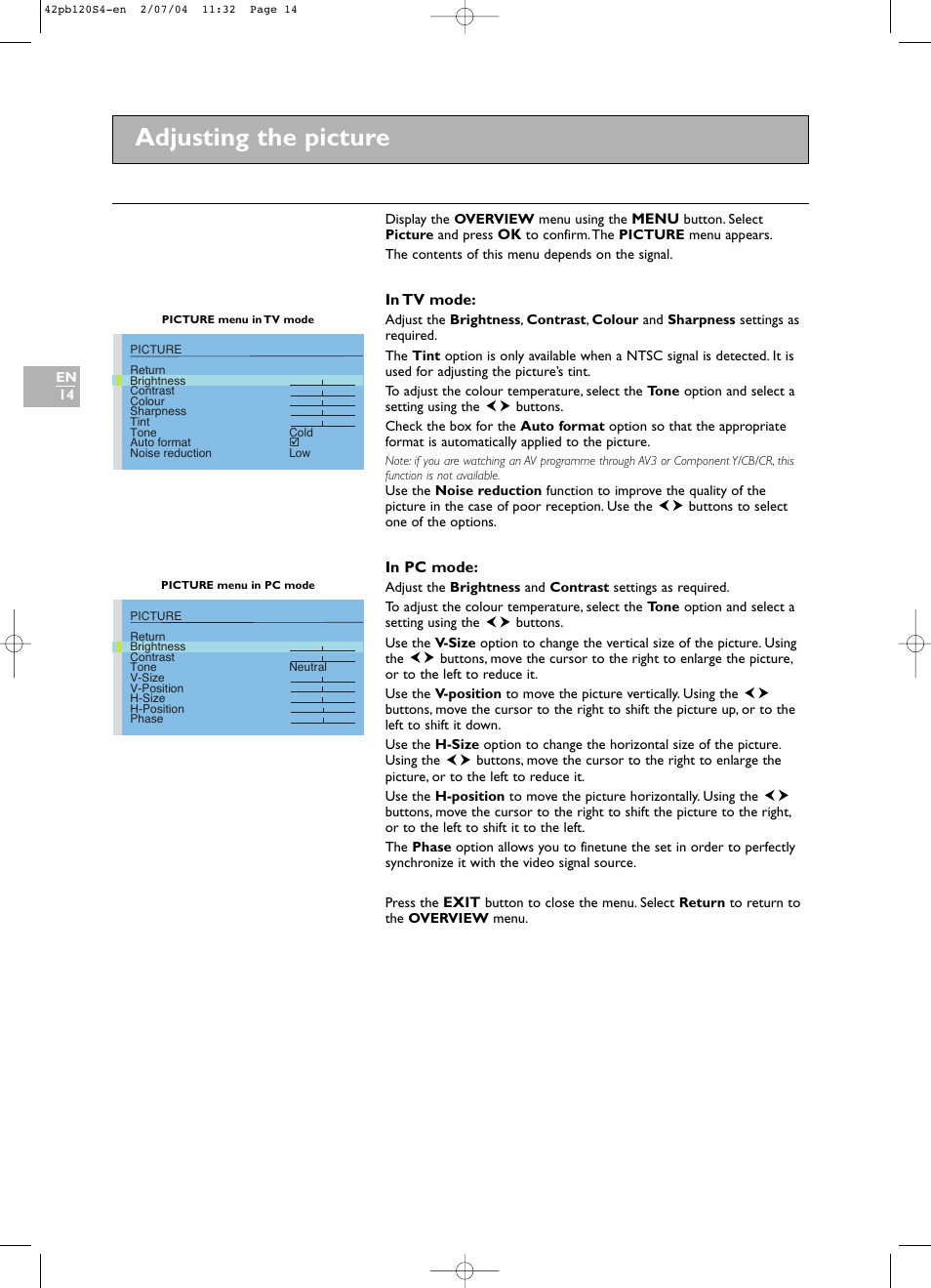 Adjusting the picture | Technicolor - Thomson 42PB120S4 User Manual | Page 14 / 27