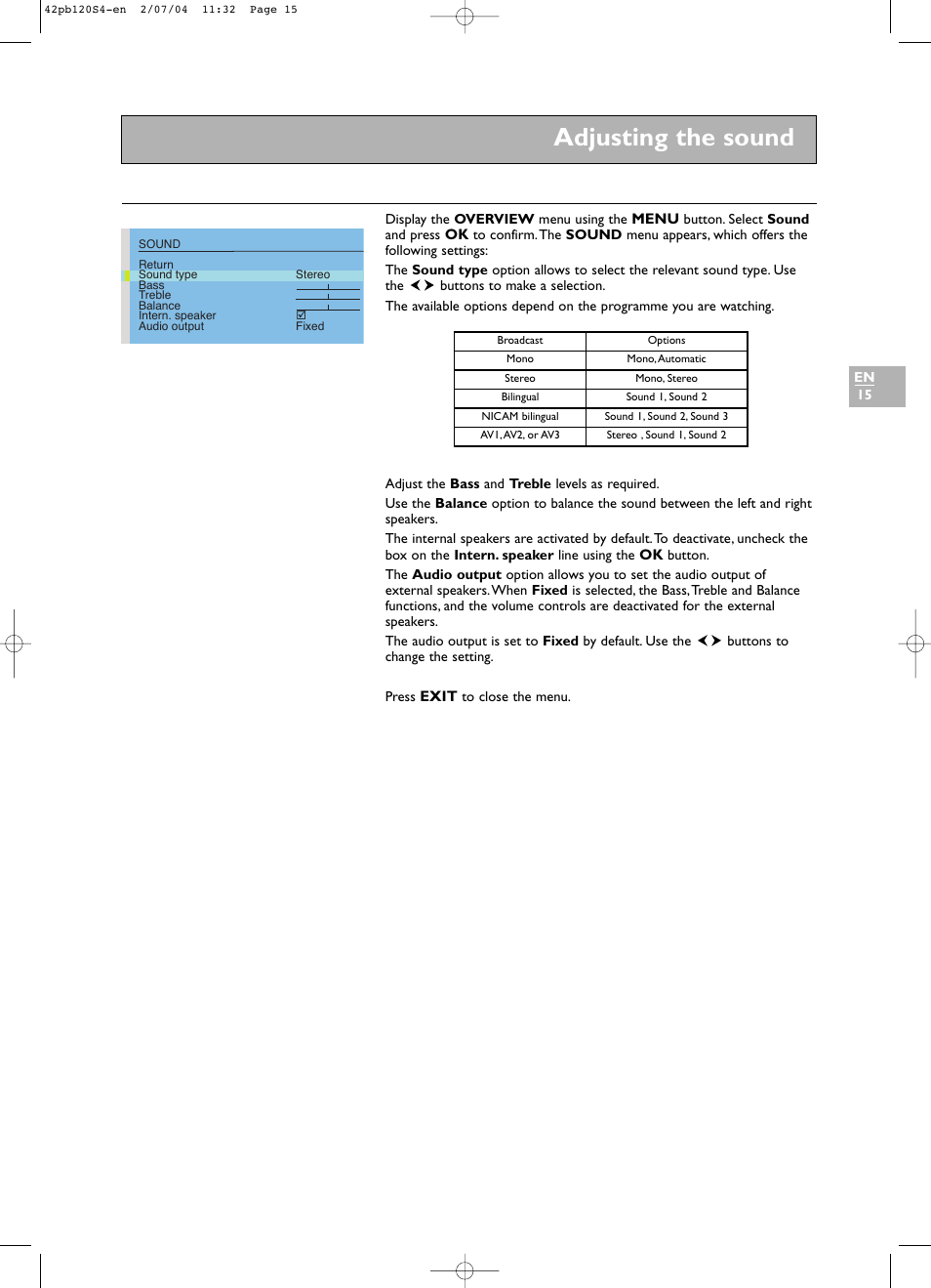Adjusting the sound | Technicolor - Thomson 42PB120S4 User Manual | Page 15 / 27