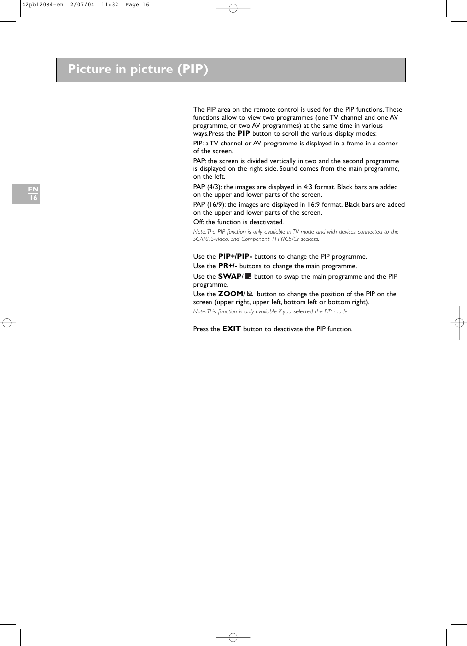Picture in picture (pip) | Technicolor - Thomson 42PB120S4 User Manual | Page 16 / 27