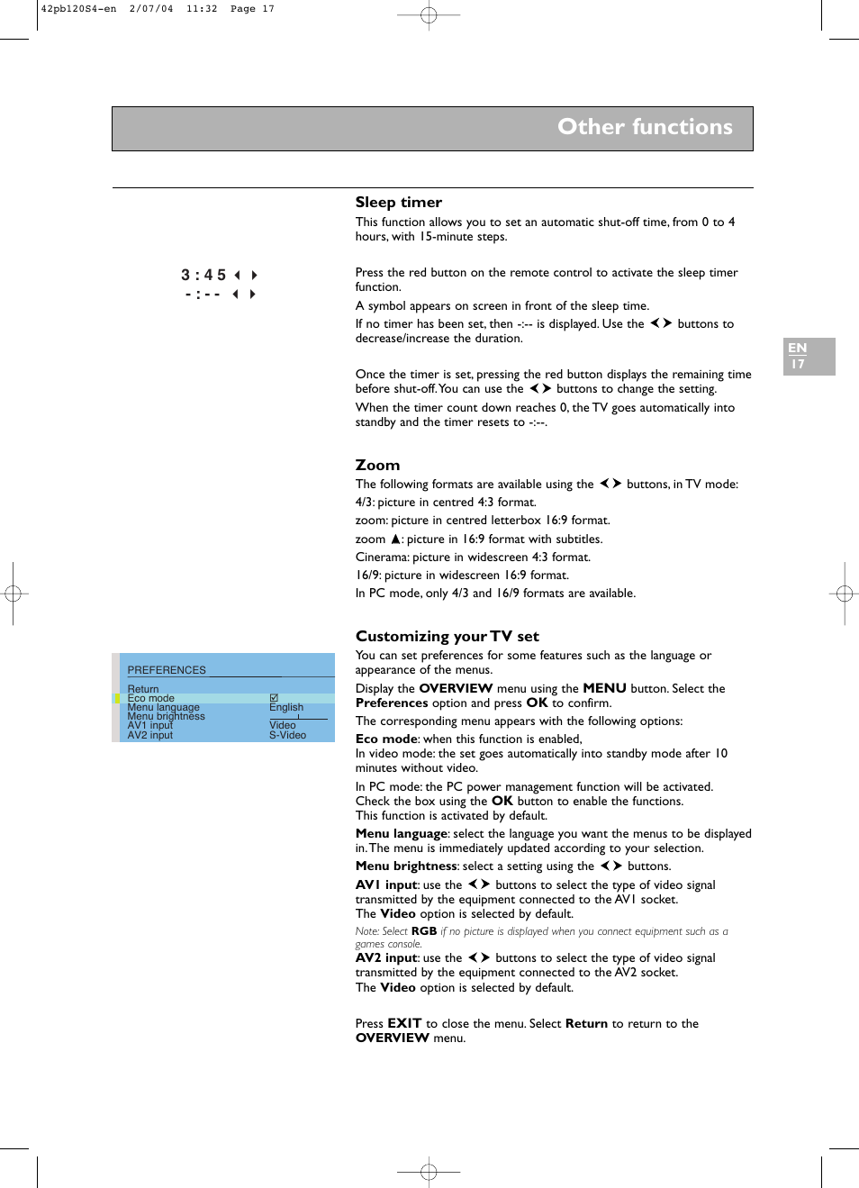 Other functions | Technicolor - Thomson 42PB120S4 User Manual | Page 17 / 27