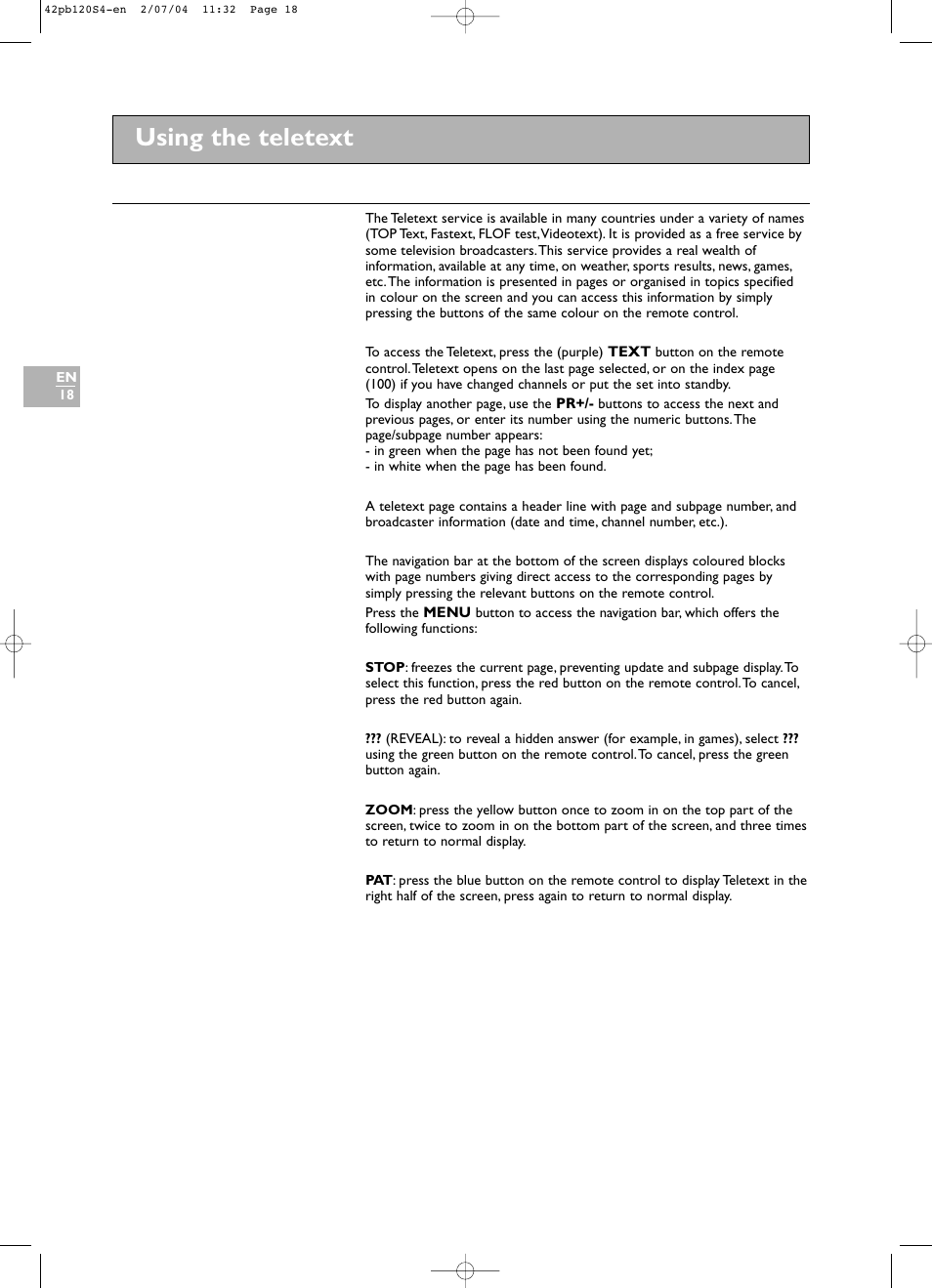 Using the teletext | Technicolor - Thomson 42PB120S4 User Manual | Page 18 / 27