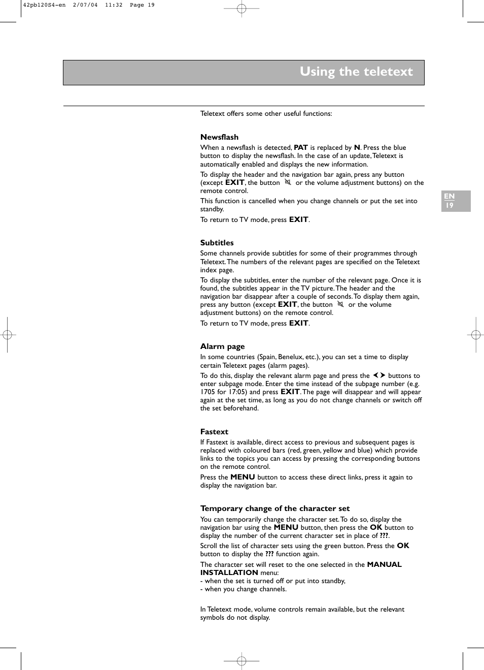 Using the teletext | Technicolor - Thomson 42PB120S4 User Manual | Page 19 / 27