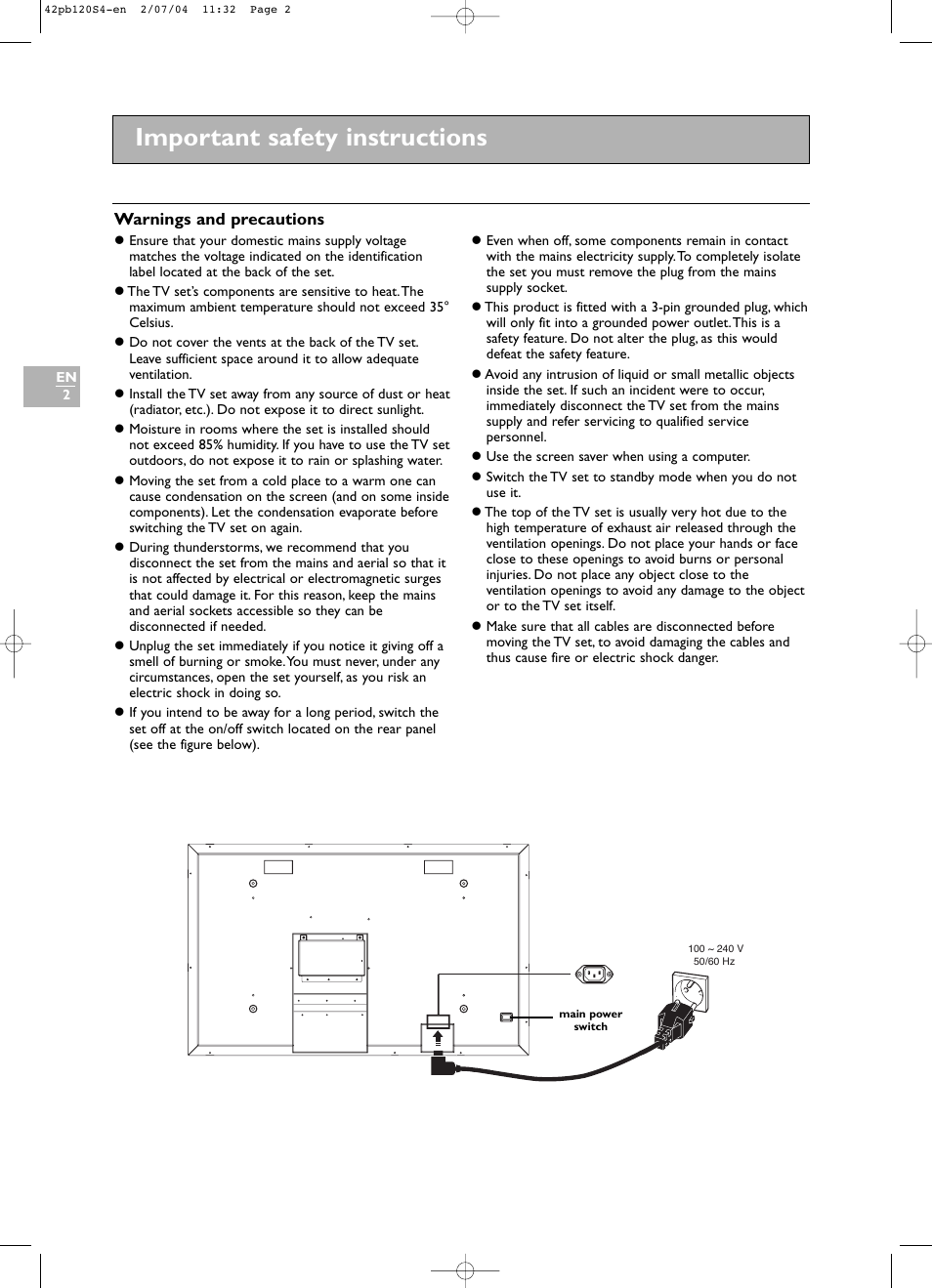 Important safety instructions | Technicolor - Thomson 42PB120S4 User Manual | Page 2 / 27