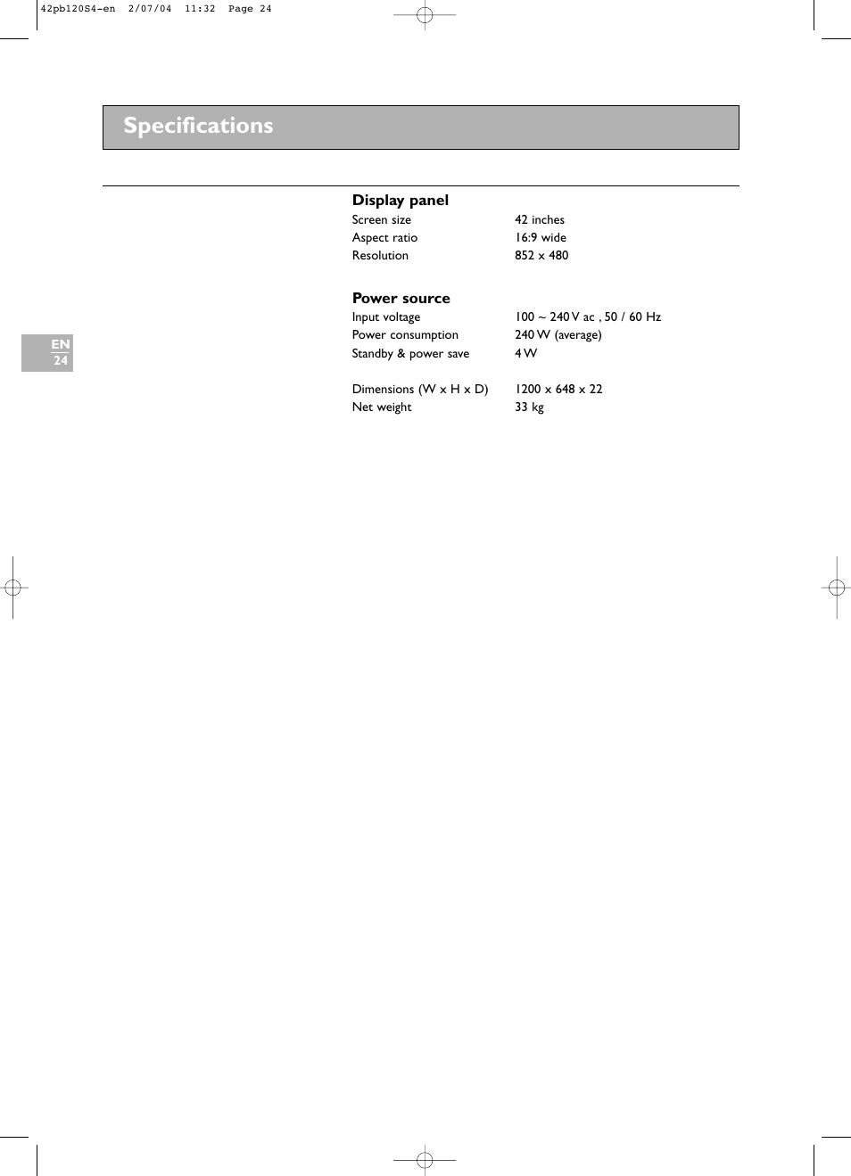 Specifications | Technicolor - Thomson 42PB120S4 User Manual | Page 24 / 27