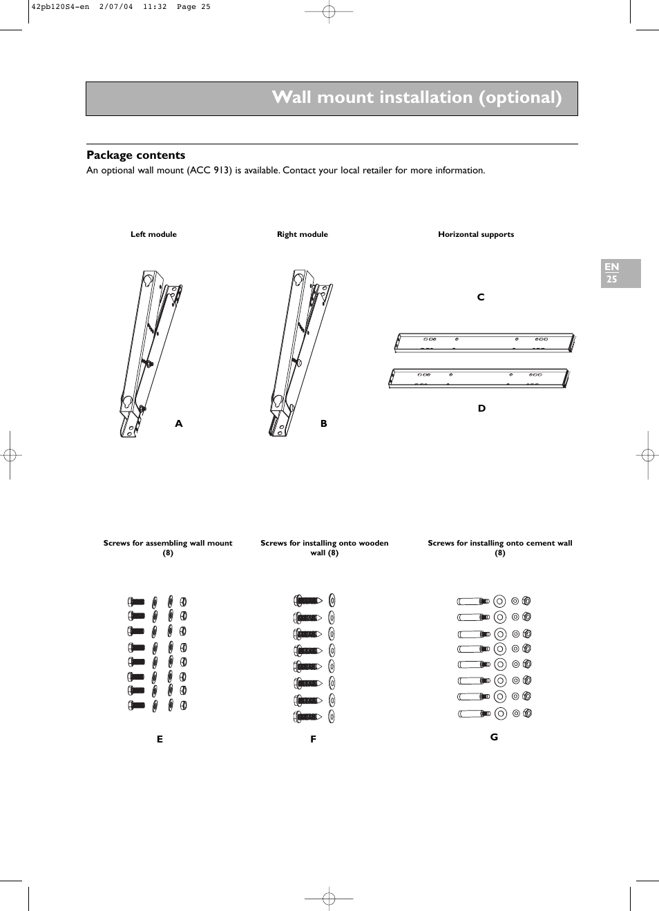 Wall mount installation (optional), Package contents | Technicolor - Thomson 42PB120S4 User Manual | Page 25 / 27
