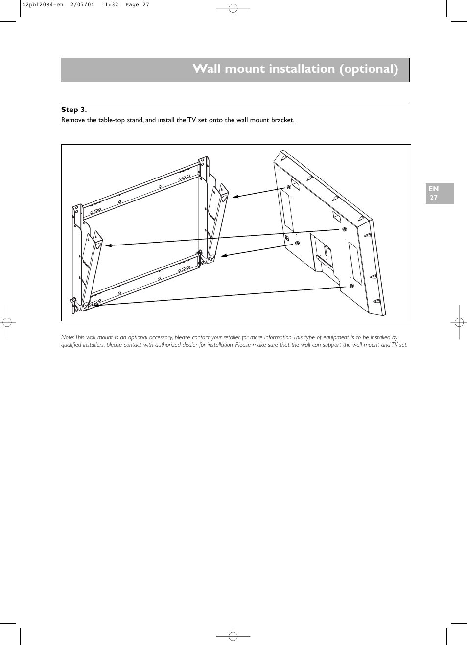 Wall mount installation (optional) | Technicolor - Thomson 42PB120S4 User Manual | Page 27 / 27