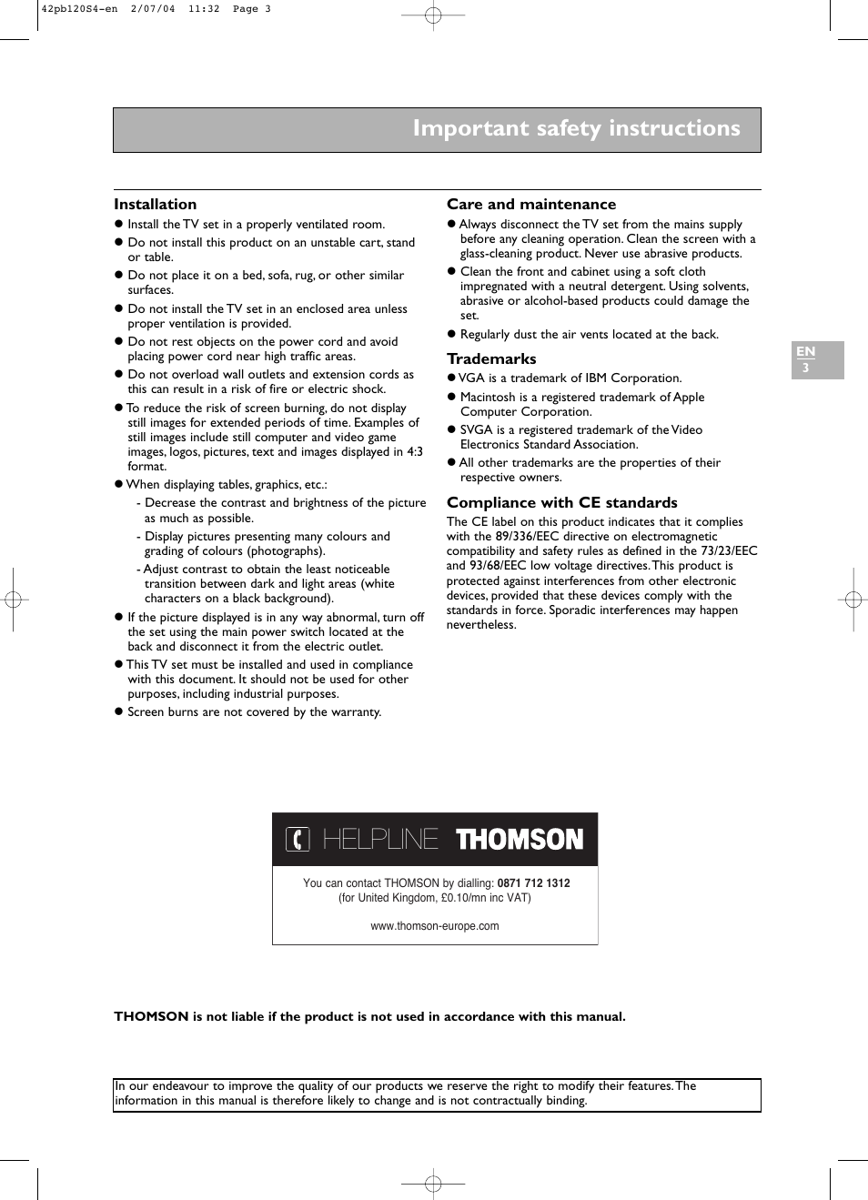 Helpline, Important safety instructions | Technicolor - Thomson 42PB120S4 User Manual | Page 3 / 27