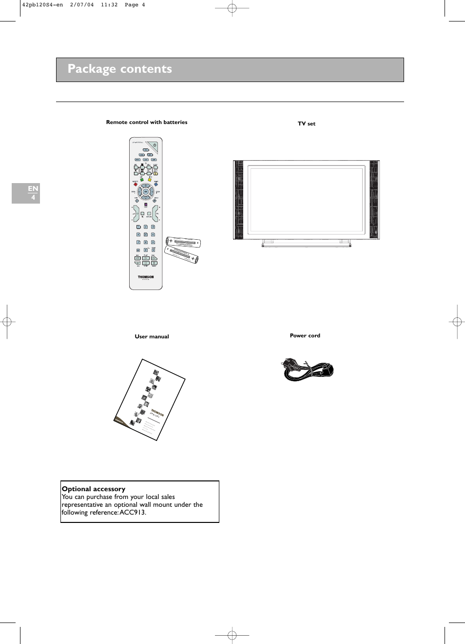 Package contents | Technicolor - Thomson 42PB120S4 User Manual | Page 4 / 27