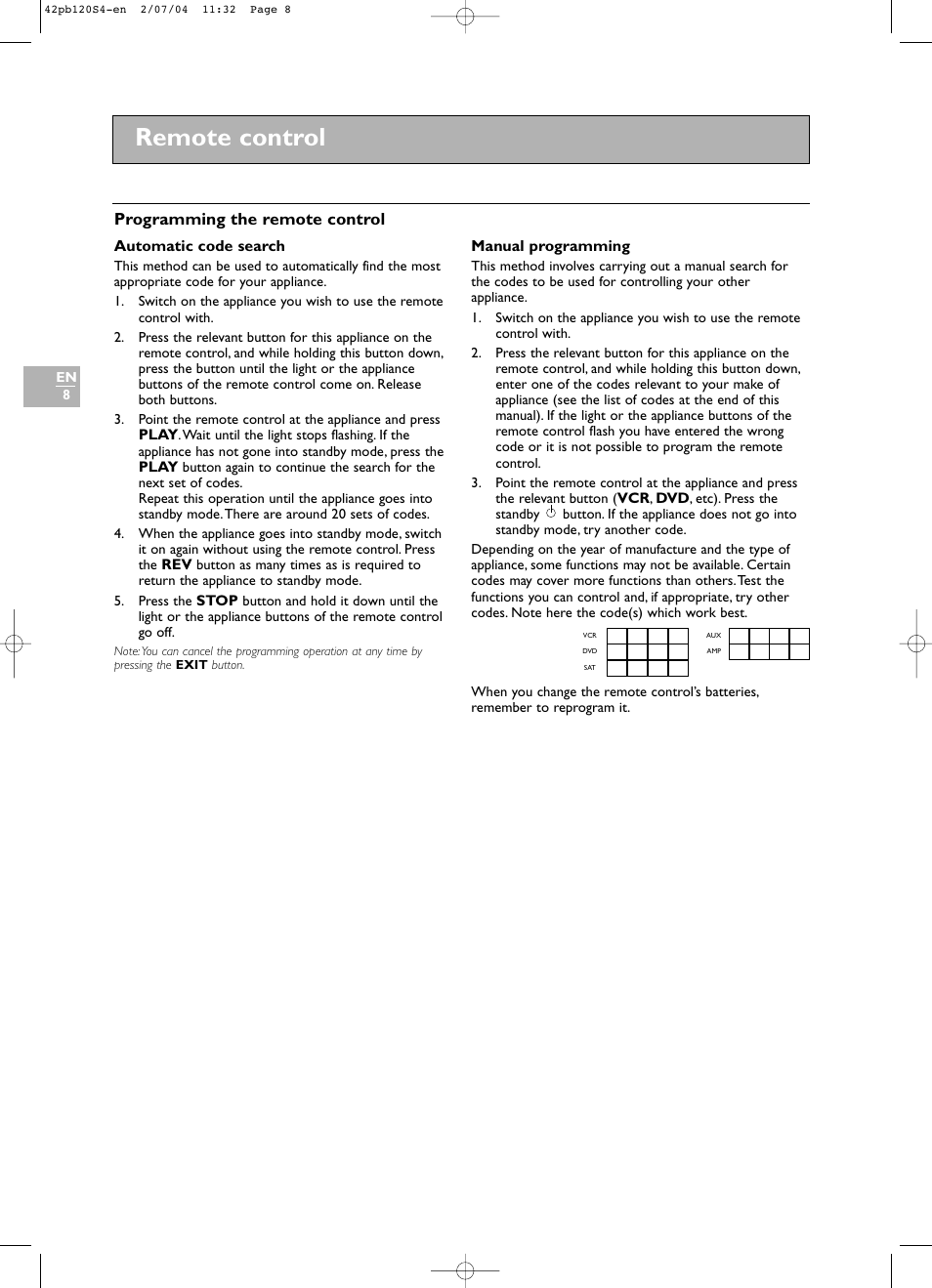 Remote control | Technicolor - Thomson 42PB120S4 User Manual | Page 8 / 27