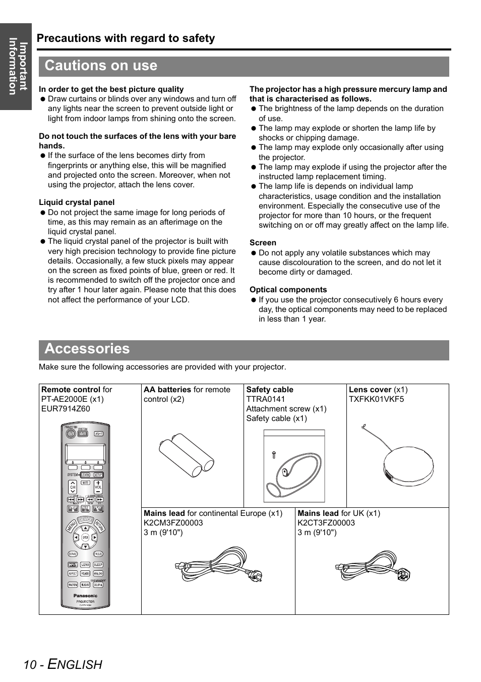 Cautions on use, Accessories, Cautions on use accessories | Nglish, Precautions with regard to safety | Technicolor - Thomson PT-AE2000E User Manual | Page 10 / 58