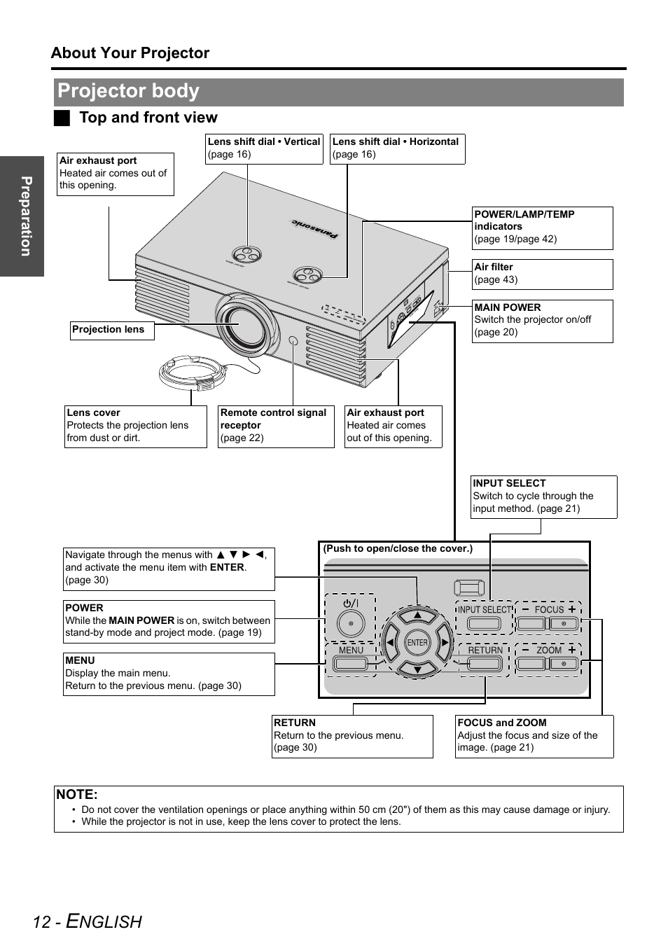 Projector body, Nglish, About your projector | Jtop and front view | Technicolor - Thomson PT-AE2000E User Manual | Page 12 / 58