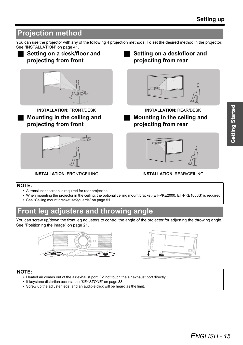 Projection method, Front leg adjusters and throwing angle, Nglish - 15 | Technicolor - Thomson PT-AE2000E User Manual | Page 15 / 58