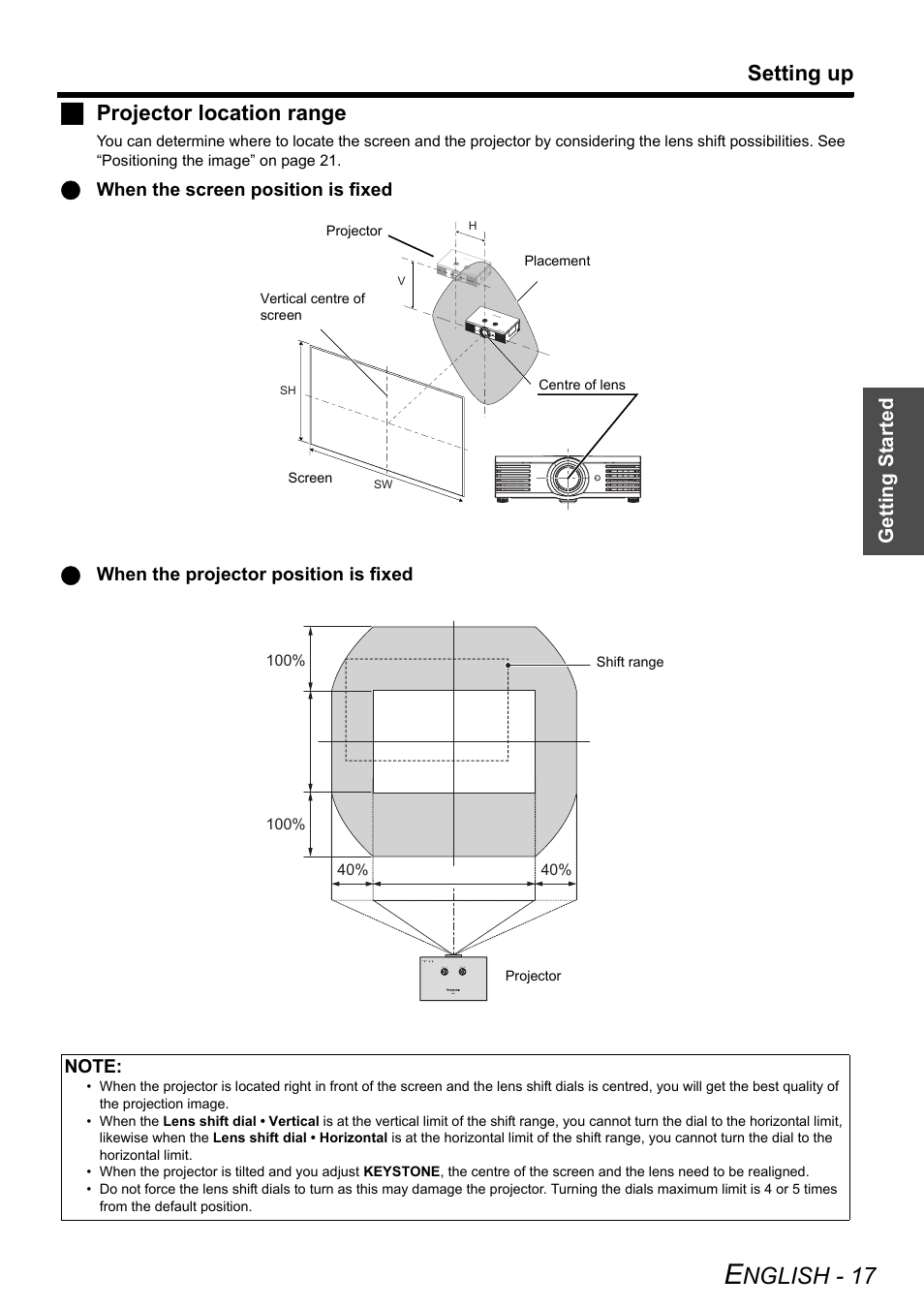 Nglish - 17, Setting up, Jprojector location range | Getting started | Technicolor - Thomson PT-AE2000E User Manual | Page 17 / 58