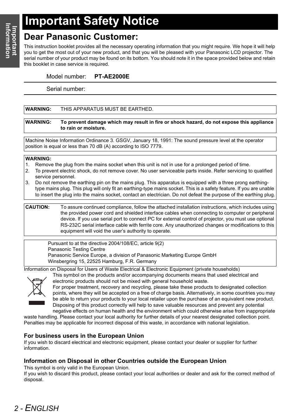 Important safety notice, Dear panasonic customer, Nglish | Technicolor - Thomson PT-AE2000E User Manual | Page 2 / 58