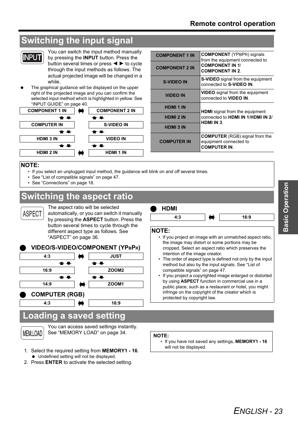 Switching the input signal, Switching the aspect ratio, Loading a saved setting | Nglish - 23, Remote control operation, Basic o p eration | Technicolor - Thomson PT-AE2000E User Manual | Page 23 / 58