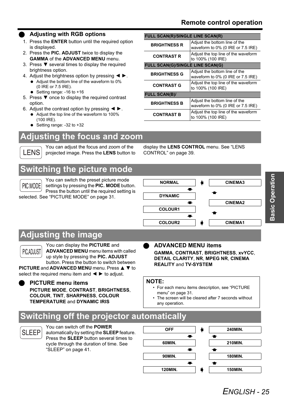 Adjusting the focus and zoom, Switching the picture mode, Adjusting the image | Switching off the projector automatically, Nglish - 25, Remote control operation, Basic o p eration | Technicolor - Thomson PT-AE2000E User Manual | Page 25 / 58