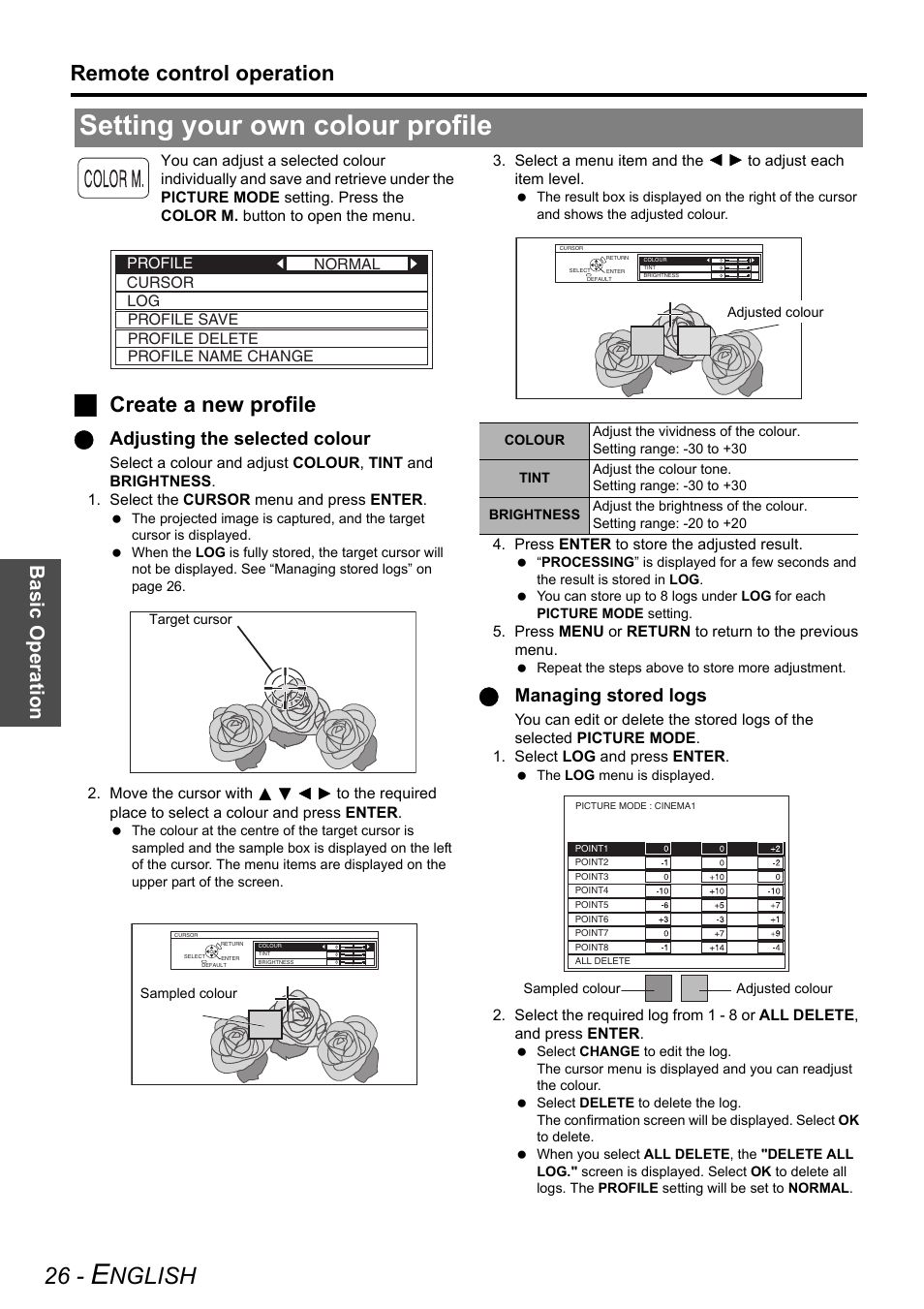 Setting your own colour profile, Nglish, Remote control operation | Jcreate a new profile, Basi c op eration, Qadjusting the selected colour, Qmanaging stored logs | Technicolor - Thomson PT-AE2000E User Manual | Page 26 / 58