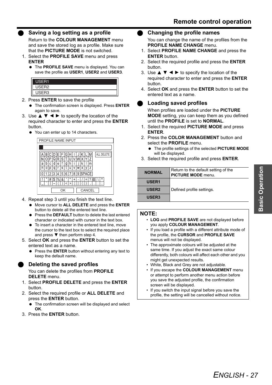 Nglish - 27, Remote control operation, Basic o p eration | Qsaving a log setting as a profile, Qdeleting the saved profiles, Qchanging the profile names, Qloading saved profiles | Technicolor - Thomson PT-AE2000E User Manual | Page 27 / 58