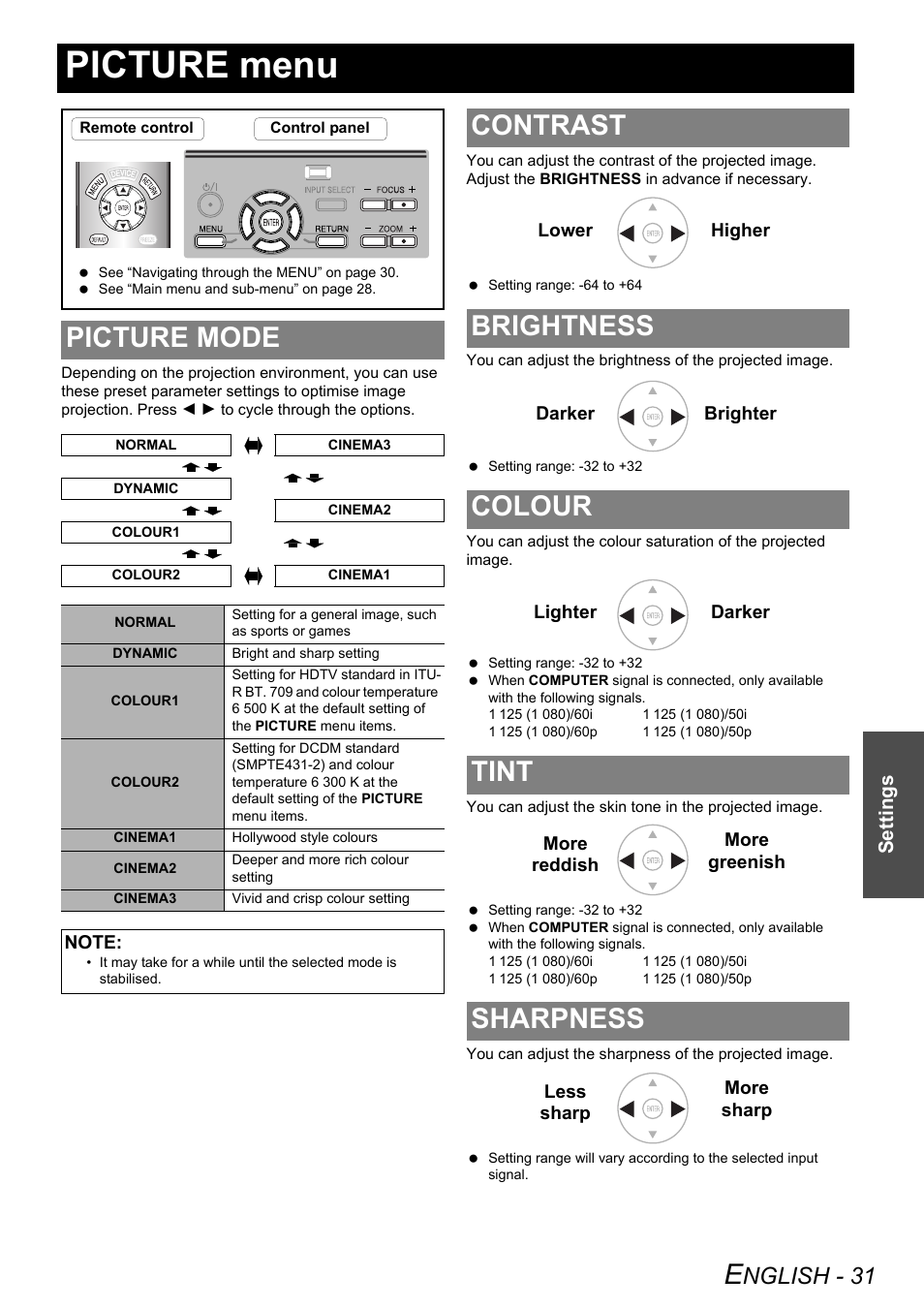 Picture menu, Picture mode, Contrast | Brightness, Colour, Tint, Sharpness, See “picture, Contrast brightness colour tint sharpness, Nglish - 31 | Technicolor - Thomson PT-AE2000E User Manual | Page 31 / 58