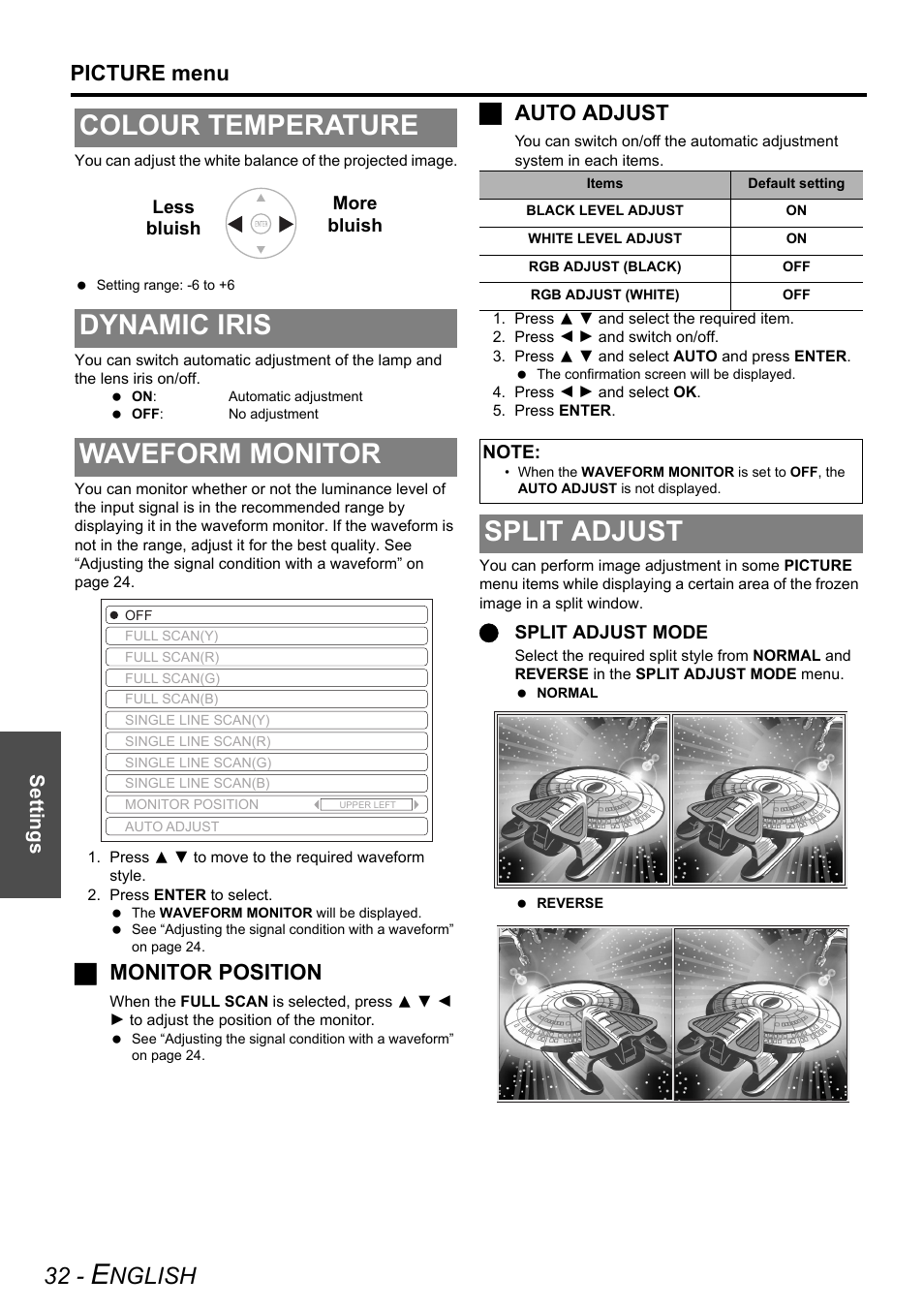 Colour temperature, Dynamic iris, Waveform monitor | Split adjust, Colour temperature dynamic iris waveform monitor, Nglish, Picture menu, Jmonitor position, Jauto adjust | Technicolor - Thomson PT-AE2000E User Manual | Page 32 / 58