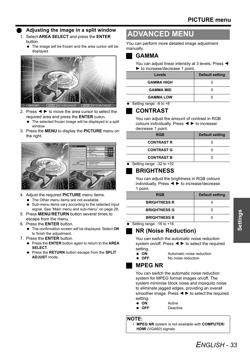 Advanced menu, Nglish - 33, Picture menu | Jgamma, Jcontrast, Jbrightness, Jnr (noise reduction), Jmpeg nr, Settings, Qadjusting the image in a split window | Technicolor - Thomson PT-AE2000E User Manual | Page 33 / 58