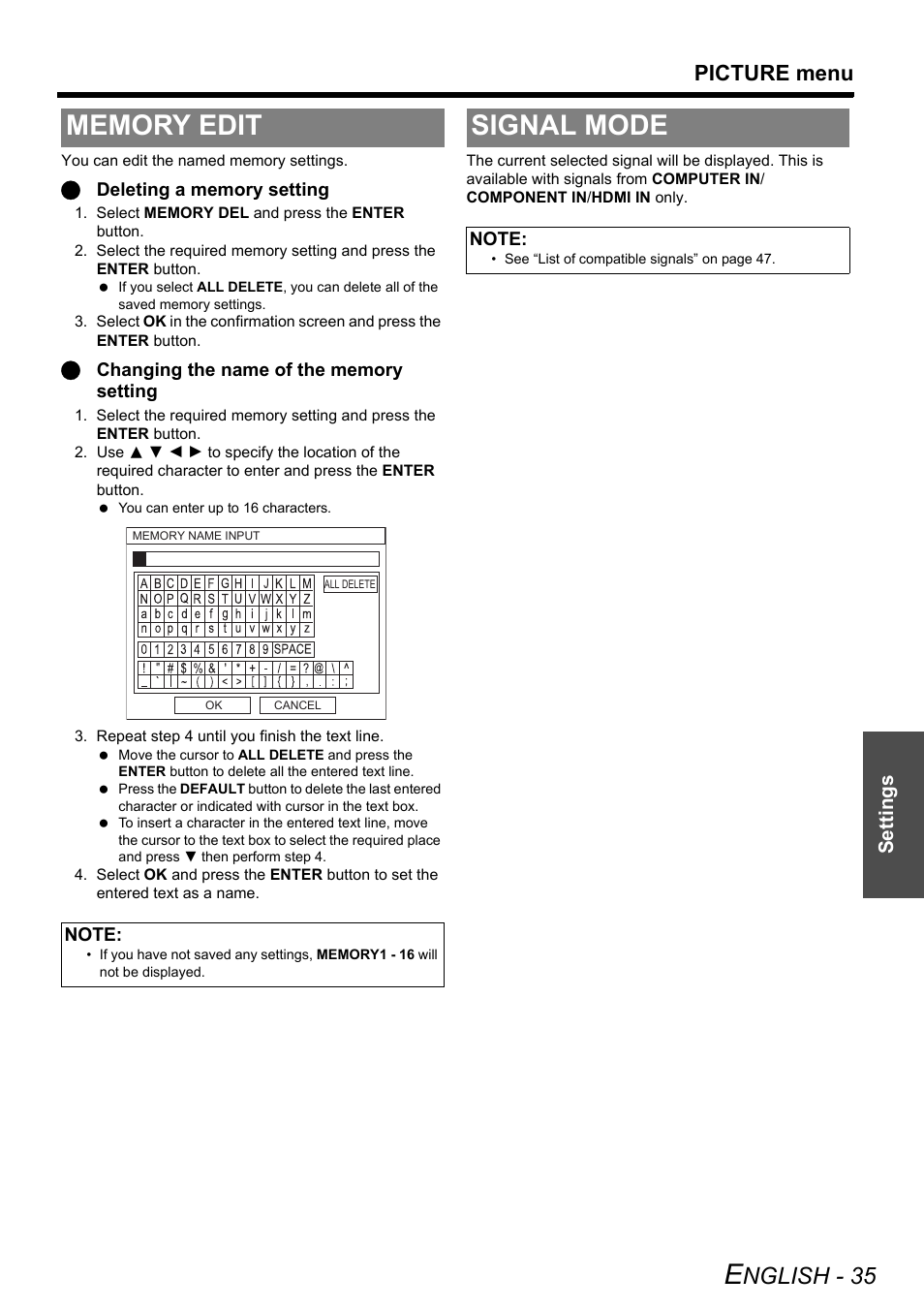 Memory edit, Signal mode, Memory edit signal mode | Nglish - 35, Picture menu, Settings | Technicolor - Thomson PT-AE2000E User Manual | Page 35 / 58