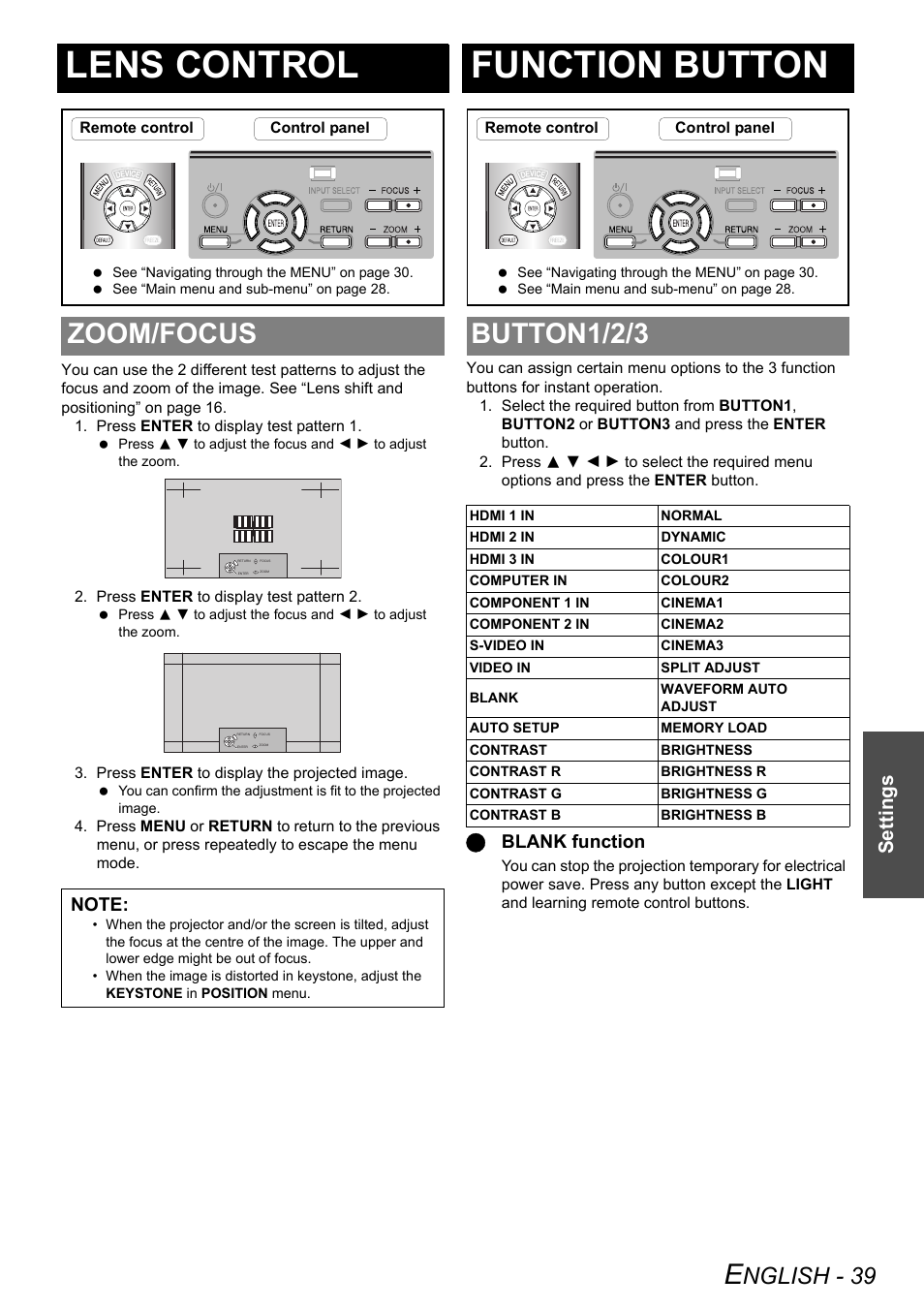 Lens control, Zoom/focus, Function button | Button1/2/3, Nglish - 39, Settings, Qblank function | Technicolor - Thomson PT-AE2000E User Manual | Page 39 / 58