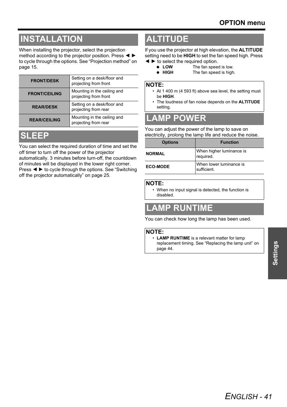 Installation, Sleep, Altitude | Lamp power, Lamp runtime, Sleep altitude, Nglish - 41, Option menu | Technicolor - Thomson PT-AE2000E User Manual | Page 41 / 58