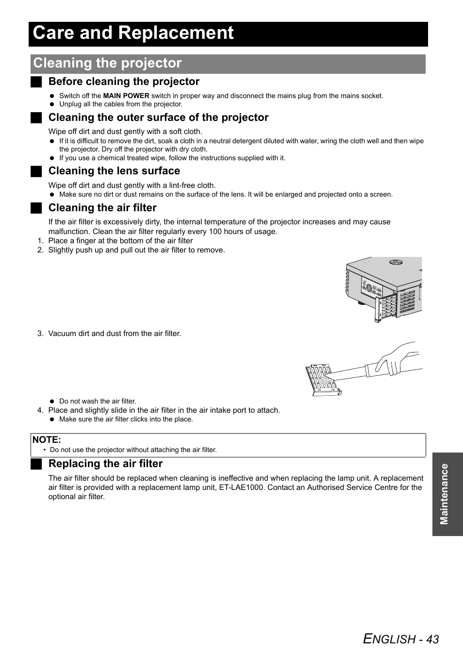 Care and replacement, Cleaning the projector, Nglish - 43 | Jbefore cleaning the projector, Jcleaning the outer surface of the projector, Jcleaning the lens surface, Jcleaning the air filter, Jreplacing the air filter | Technicolor - Thomson PT-AE2000E User Manual | Page 43 / 58