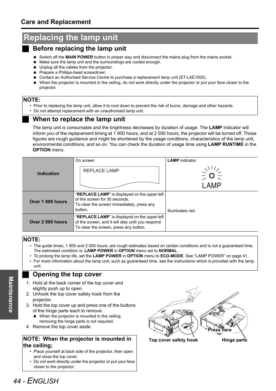 Replacing the lamp unit, Nglish, Care and replacement | Jbefore replacing the lamp unit, Jwhen to replace the lamp unit, Jopening the top cover, Maintenance | Technicolor - Thomson PT-AE2000E User Manual | Page 44 / 58