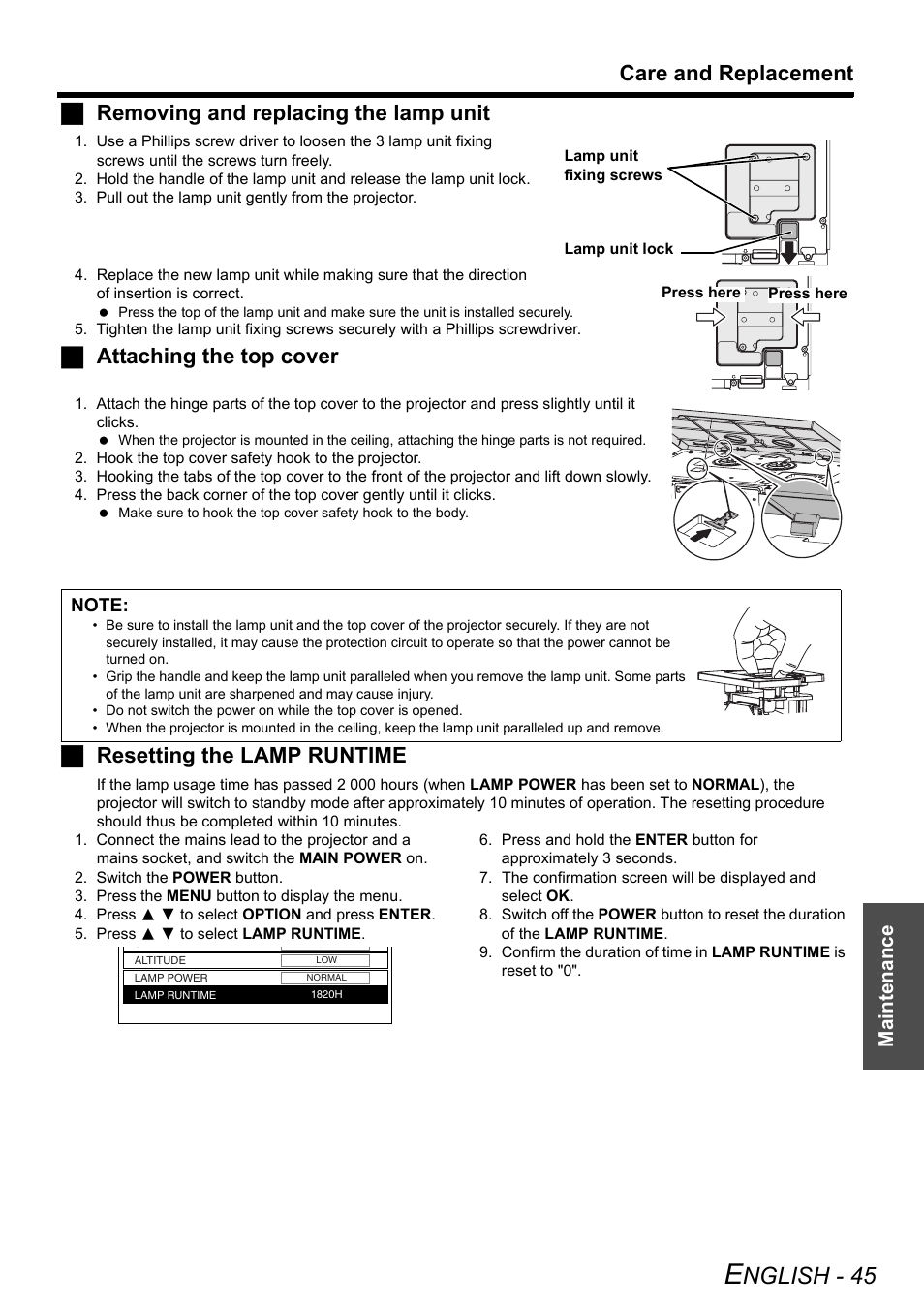 Nglish - 45, Care and replacement, Jremoving and replacing the lamp unit | Jattaching the top cover, Jresetting the lamp runtime, Maintenance | Technicolor - Thomson PT-AE2000E User Manual | Page 45 / 58