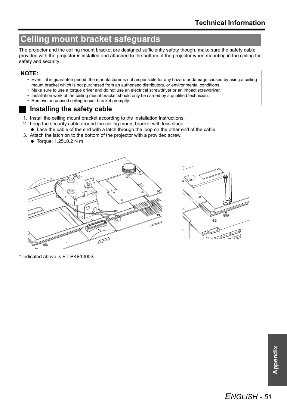 Ceiling mount bracket safeguards, Nglish - 51, Technical information | Jinstalling the safety cable | Technicolor - Thomson PT-AE2000E User Manual | Page 51 / 58