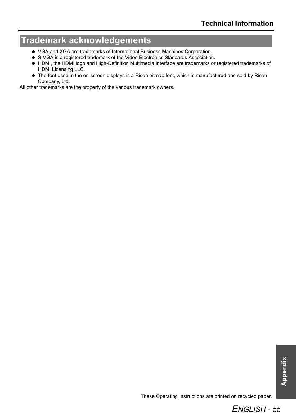 Trademark acknowledgements, Nglish - 55, Technical information | Technicolor - Thomson PT-AE2000E User Manual | Page 55 / 58