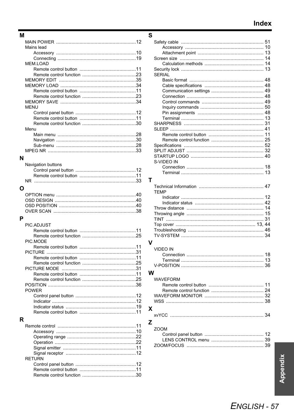 Nglish - 57, Index, Appendix | Technicolor - Thomson PT-AE2000E User Manual | Page 57 / 58