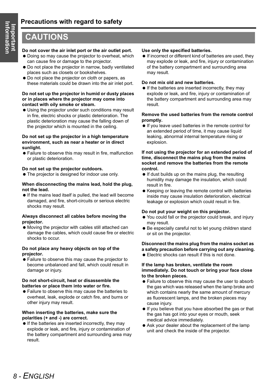 Cautions, Nglish, Precautions with regard to safety | Important information | Technicolor - Thomson PT-AE2000E User Manual | Page 8 / 58