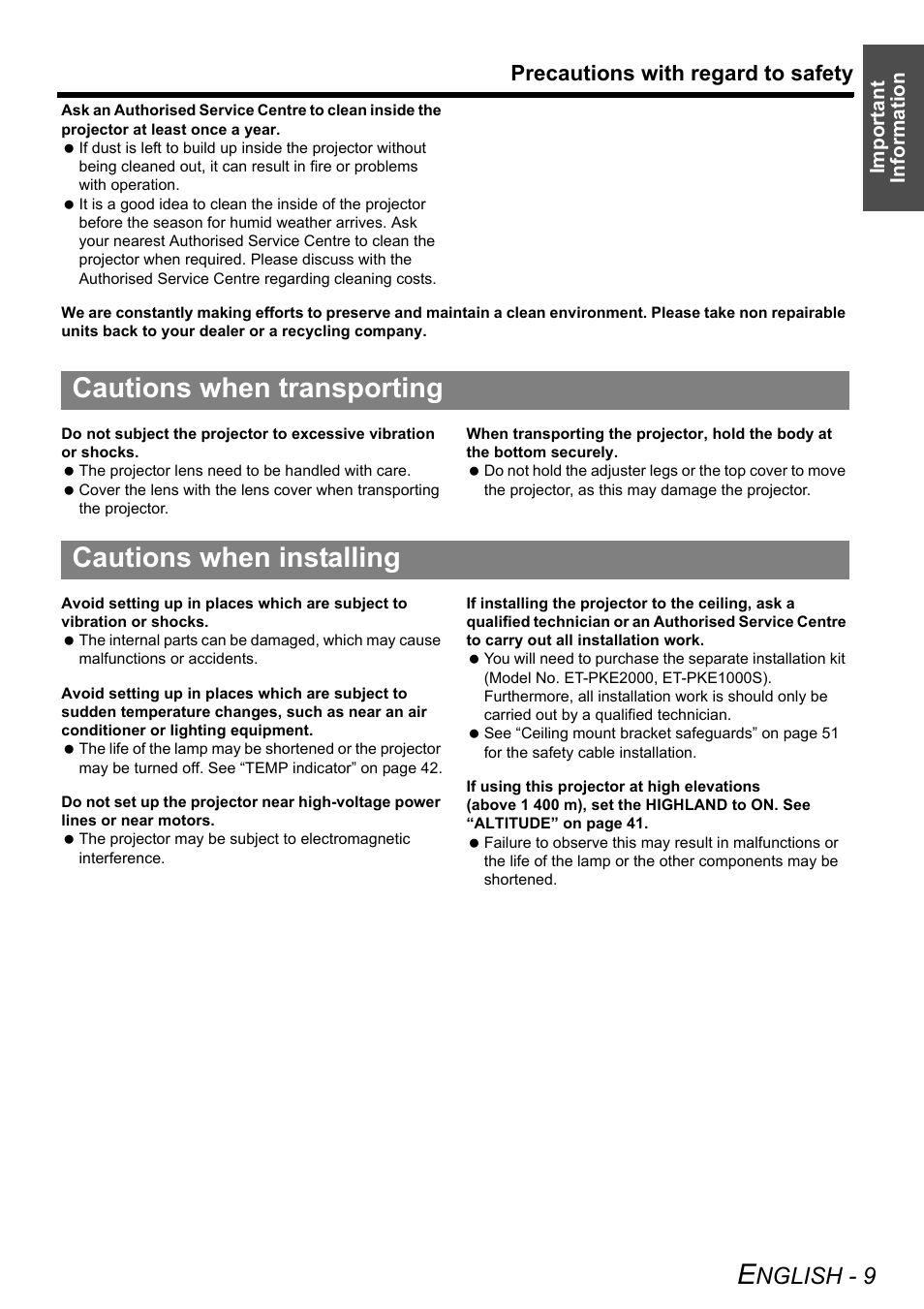 Cautions when transporting, Cautions when installing, Nglish - 9 | Precautions with regard to safety | Technicolor - Thomson PT-AE2000E User Manual | Page 9 / 58