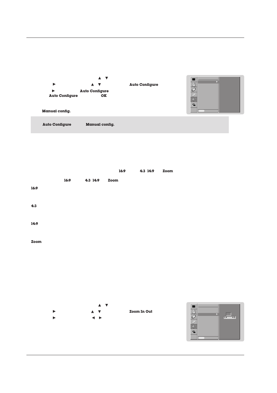 Screen menu options, 20 plasma monitor operation, Auto adjustment (rgb [pc] mode only) | Setting picture format, Picture size zoom | Technicolor - Thomson 42 WM 03 L User Manual | Page 20 / 33