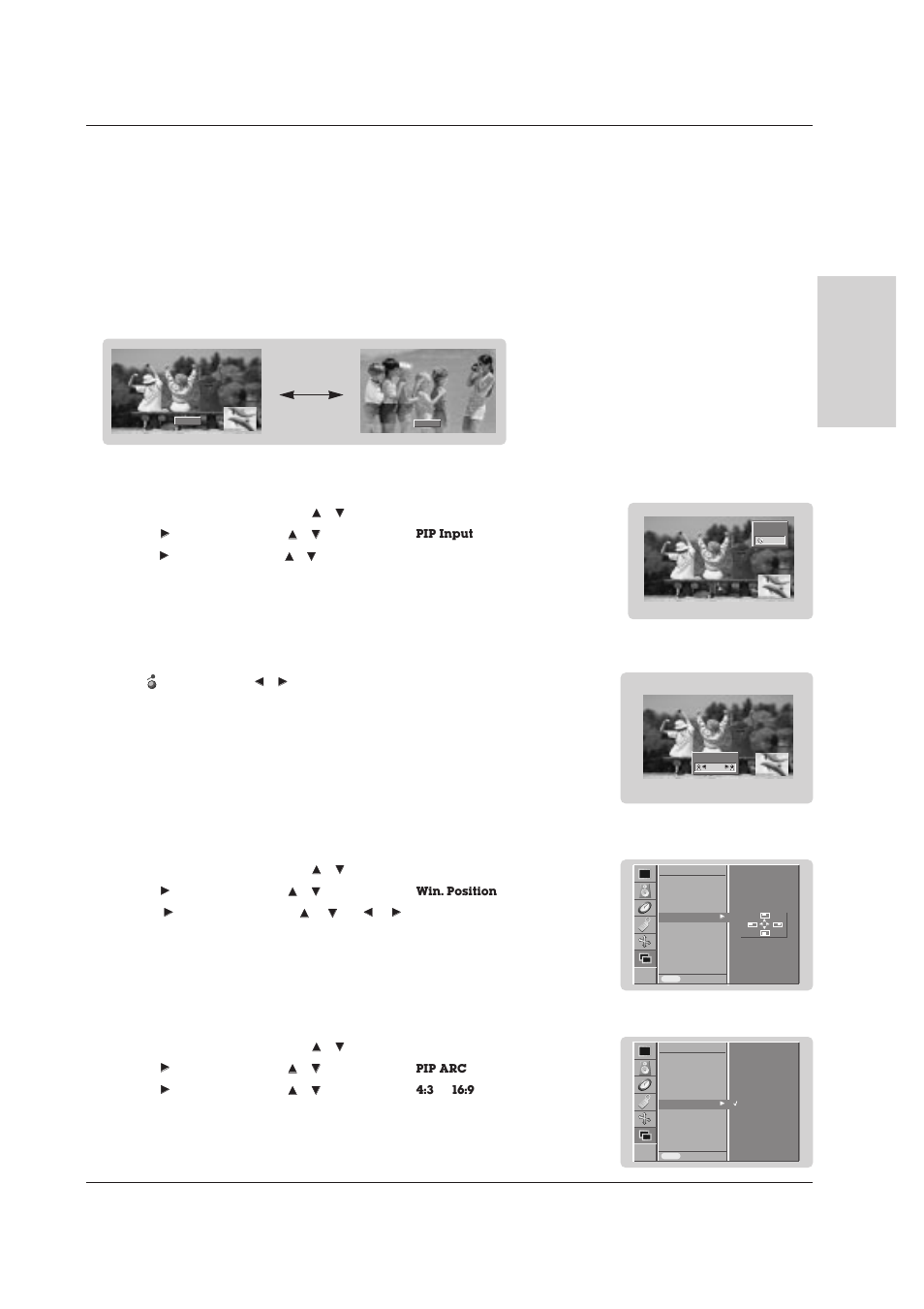 Owner’s manual 23 operation english, Pip aspect ratio, Watching pip | Selecting a input signal source for the pip, Pip size, Moving the pip | Technicolor - Thomson 42 WM 03 L User Manual | Page 23 / 33