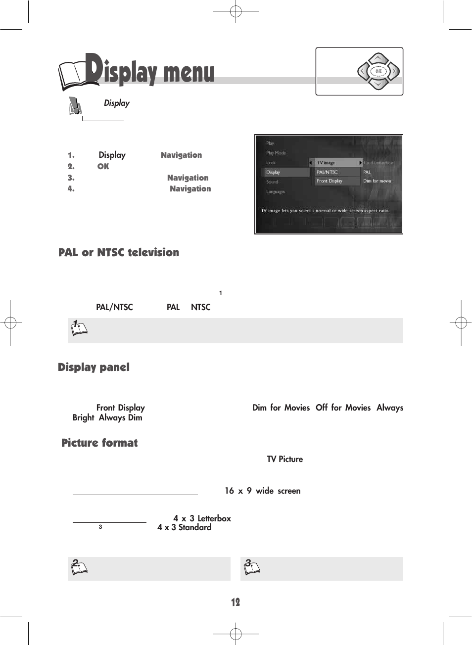 Isplay menu, Picture format display panel, Pal or ntsc television | Technicolor - Thomson DTH190 User Manual | Page 12 / 24