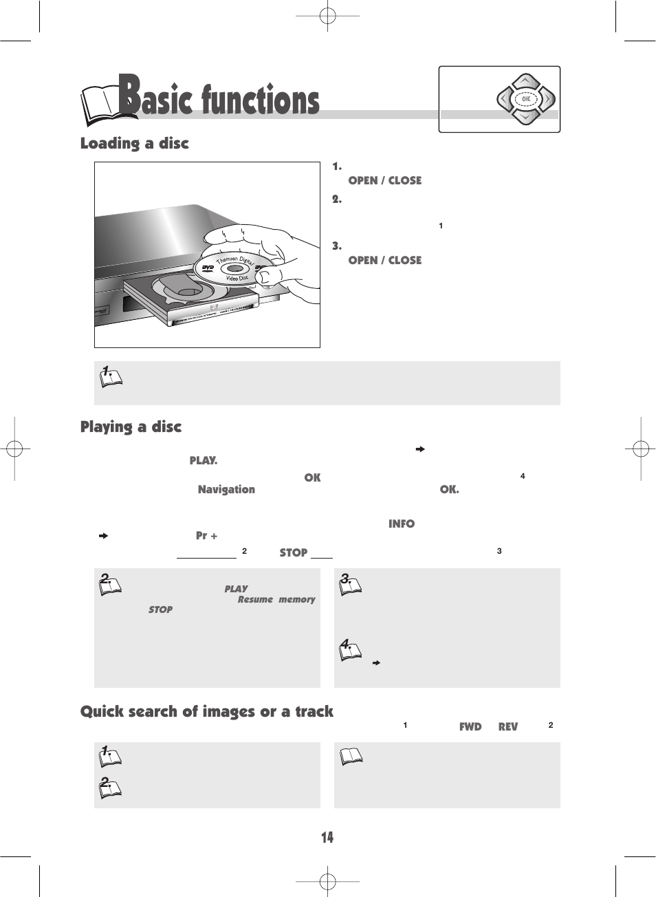 Asic functions, Loading a disc playing a disc, Quick search of images or a track | Technicolor - Thomson DTH190 User Manual | Page 14 / 24